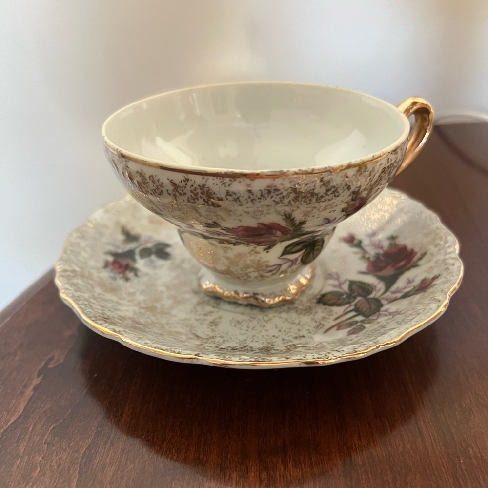 Vintage floral tea, cup, and saucer set red roses, gold accents, and gold trim